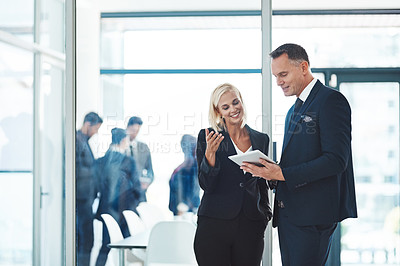 Buy stock photo Boss, tablet and business people in office for discussion, idea or planning online agenda together. Man, woman and digital app in meeting for management advice, report schedule or support in teamwork