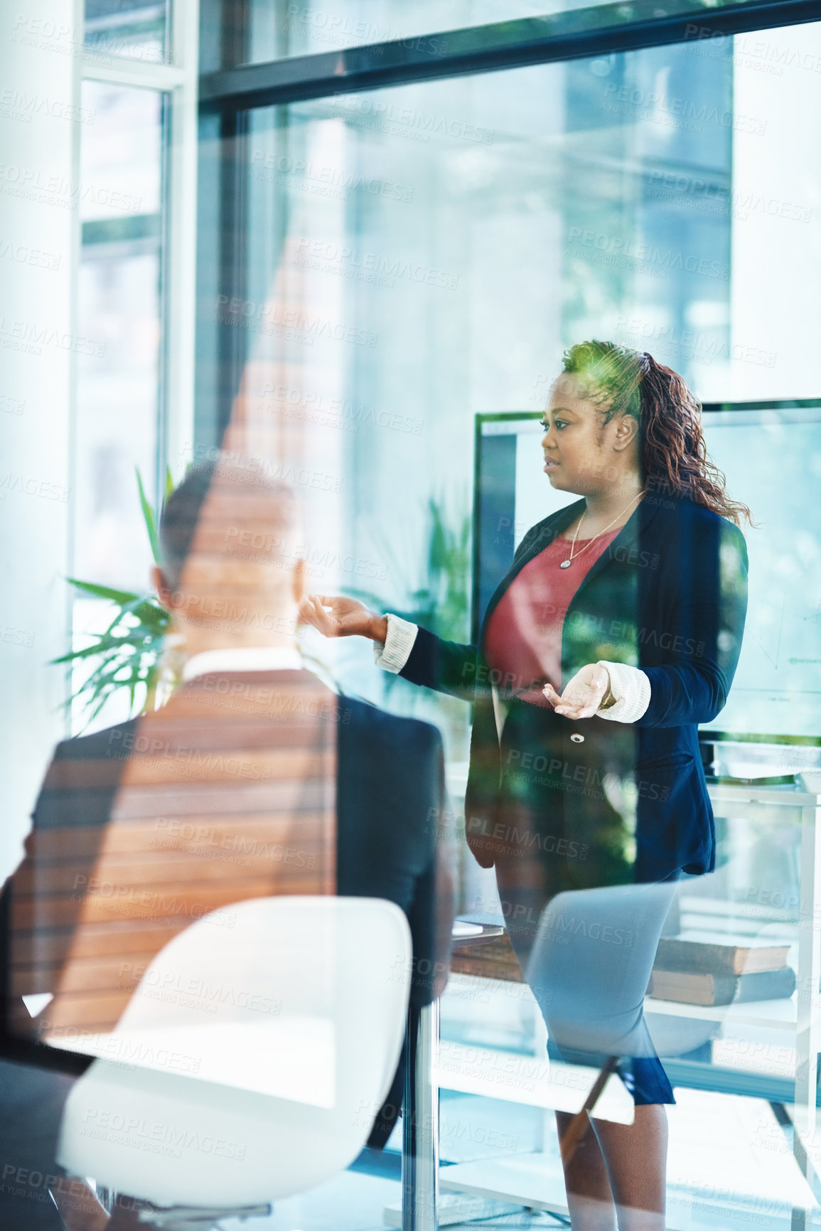 Buy stock photo Meeting, glass and business people in office with woman, ideas and development planning pitch. Leadership, collaboration and corporate team in conference room together for advice, support and growth.