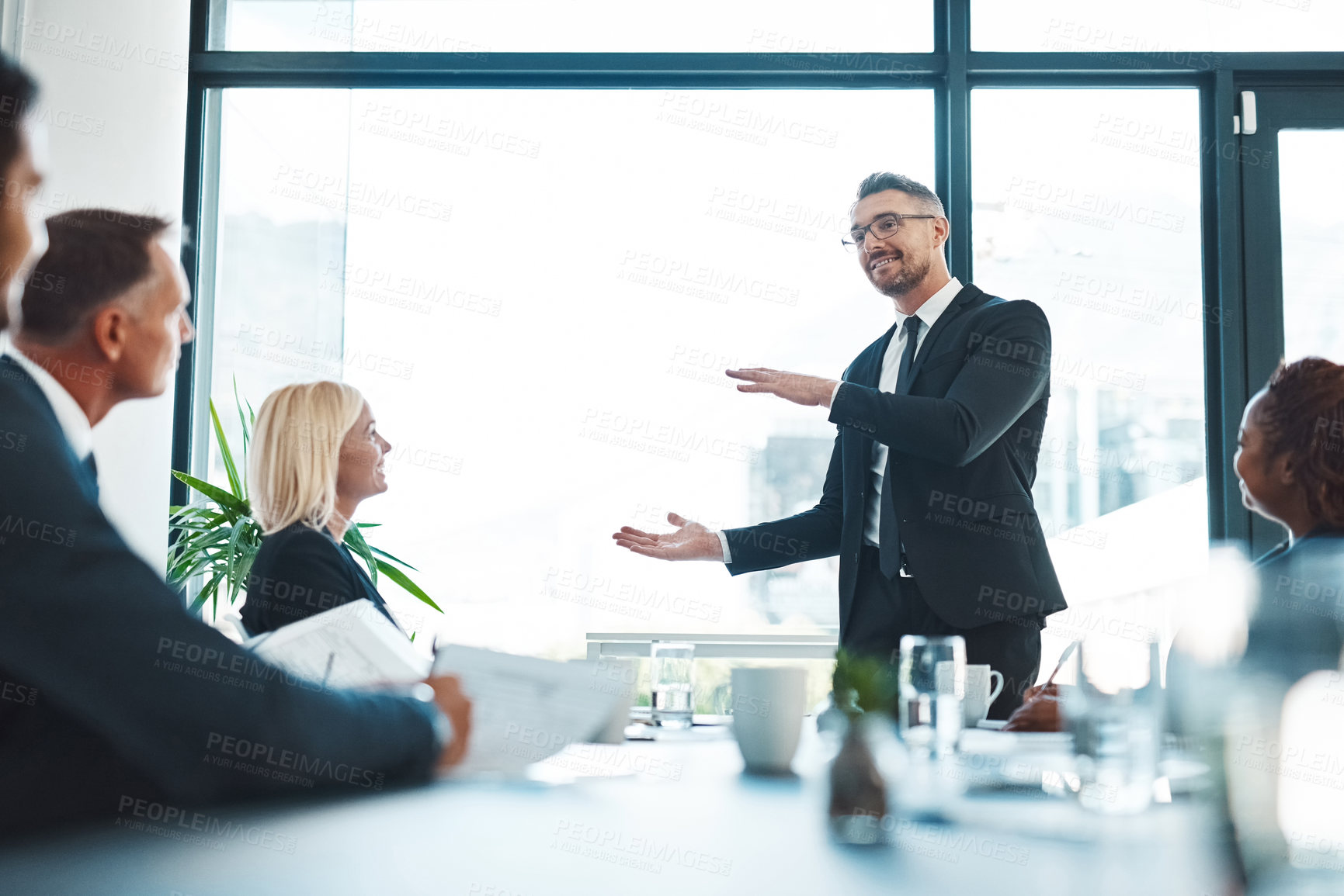 Buy stock photo Meeting, proposal and business people in office with ceo, ideas or development of sales pitch. Leadership, collaboration and corporate team in conference room together for advice, support and growth.