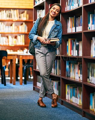 Buy stock photo Woman, portrait and student in library with books, happy and academy literature for university thesis on campus. Education, knowledge and college information for scholarship, assignment and bookshelf