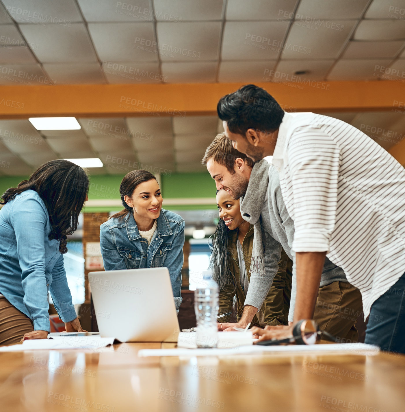 Buy stock photo Library, college student and smile with laptop for assignment for research, teamwork and collaboration. People, classmates and university learner with documents or online for theory and notes