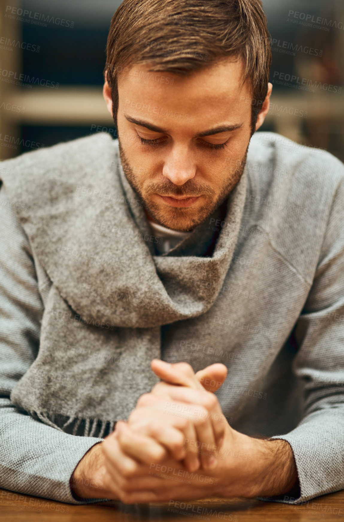 Buy stock photo Belief, faith and religion with man praying to God for assistance, guidance or spiritual help. Hope, prayer and trust with Christian person talking to Jesus for confession, inspiration or mindfulness