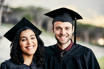 Buy stock photo Portrait of two students on graduation day