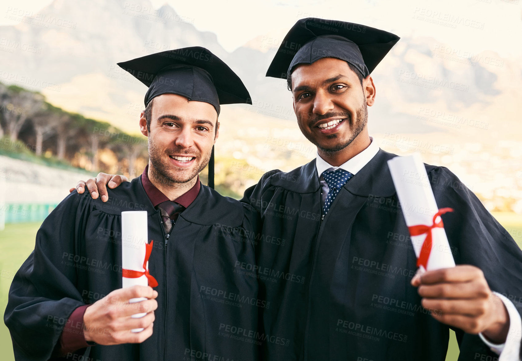 Buy stock photo Portrait, men and happy friends with diploma for graduation, success and education milestone. Face, smile and students graduate with certificate scroll outdoor for university award to celebrate goal