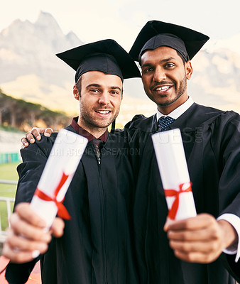 Buy stock photo Portrait, men and happy friends with certificate for graduation, success or education milestone. Face, graduate students or show diploma scroll outdoor to celebrate goal for university award together