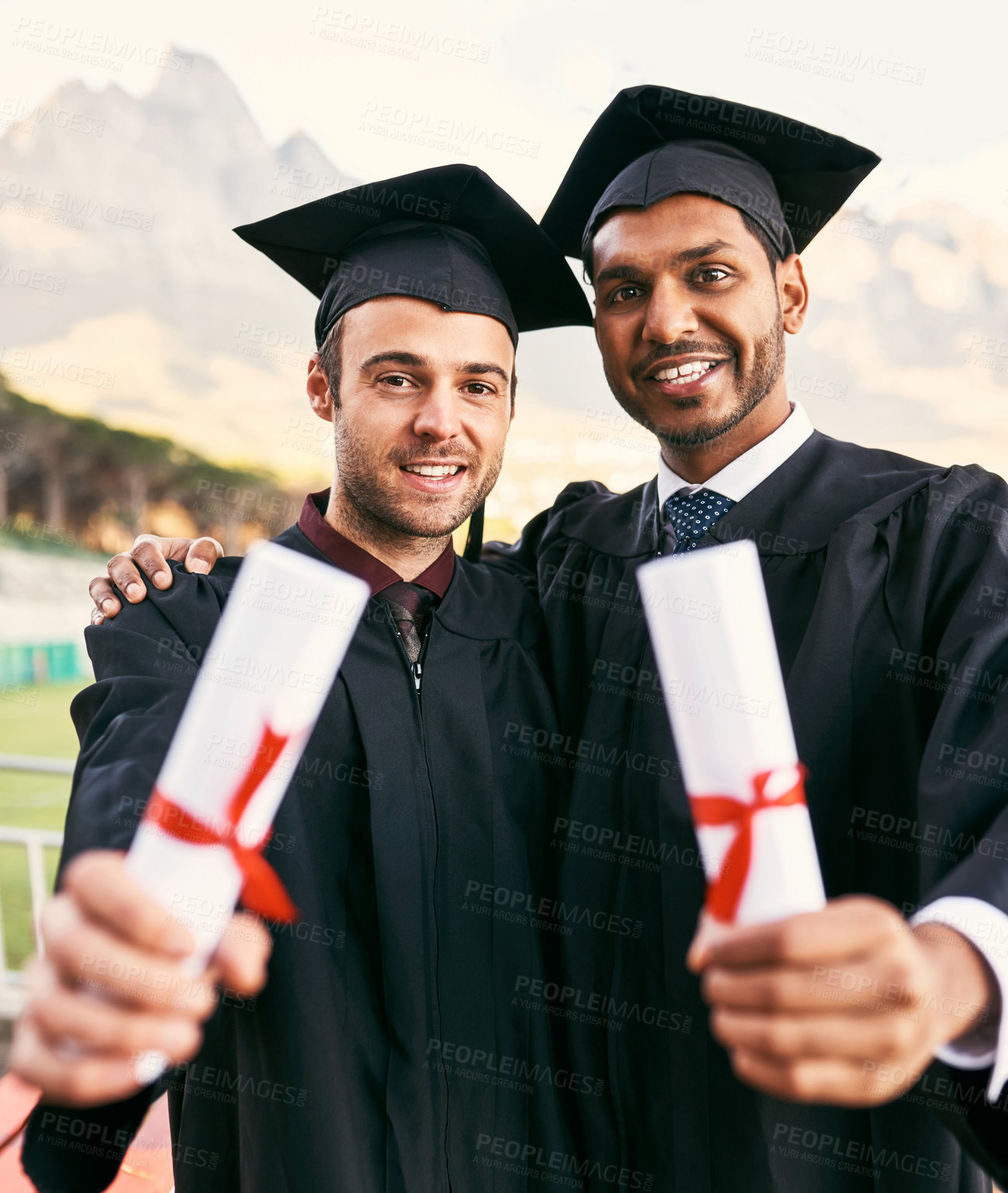 Buy stock photo Portrait, men and happy friends with certificate for graduation, success or education milestone. Face, graduate students or show diploma scroll outdoor to celebrate goal for university award together