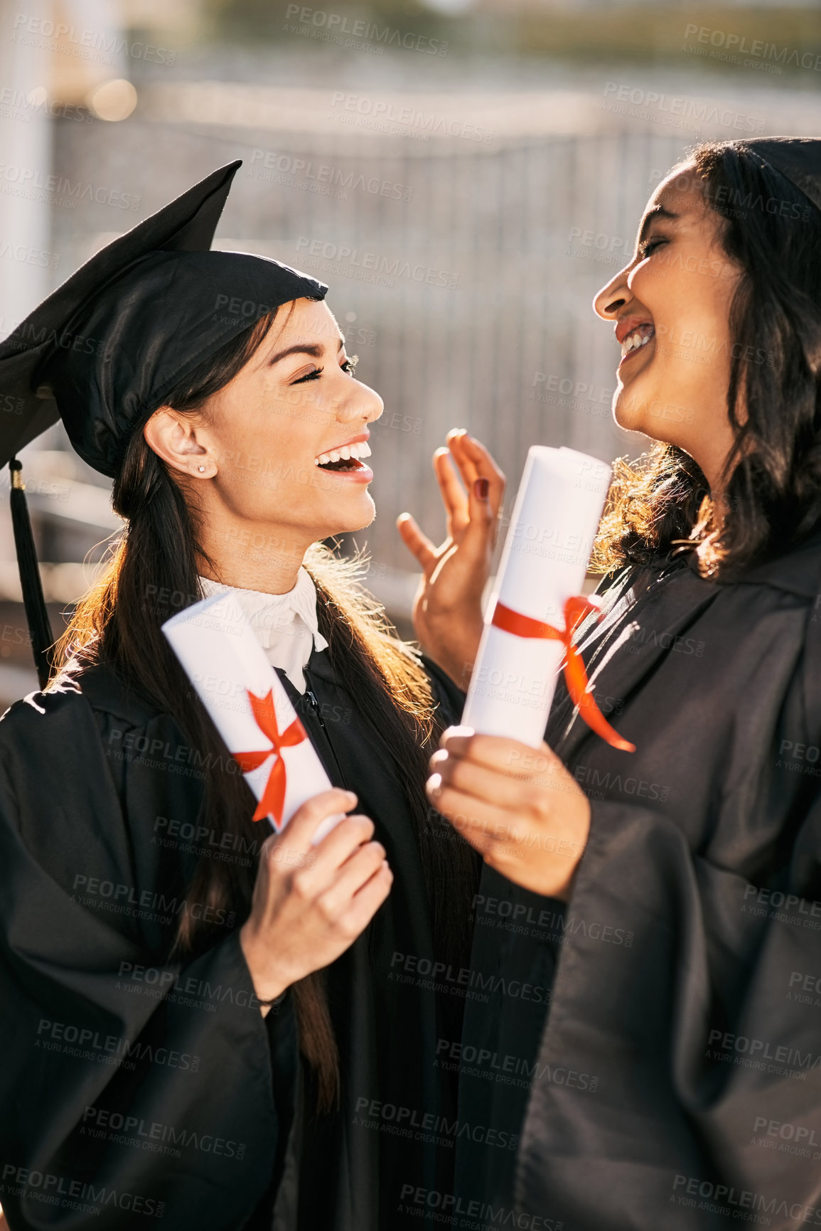 Buy stock photo Laughing, women or happy friends with diploma for graduation, success or education milestone. Future, excited and graduate students with certificate scroll outdoor to celebrate goal for college award