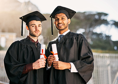 Buy stock photo Graduation, students and portrait with certificate outdoor for diploma ceremony, achievement and college award. Men friends, happy and scholarship success with academic milestone, degree and event