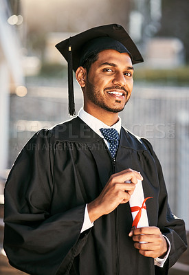 Buy stock photo Graduation, student and portrait with certificate outdoor for diploma ceremony, achievement and college award. Indian graduate, happy and scholarship success with academic milestone, degree and event