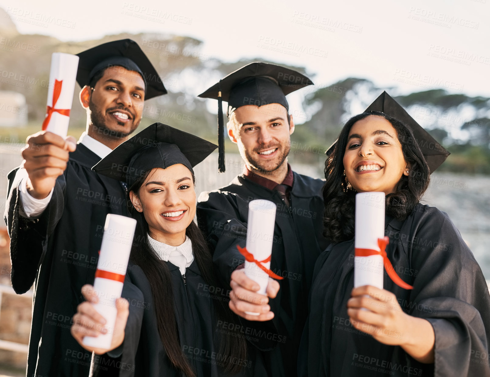 Buy stock photo Students, graduation and proud on portrait in campus for celebration and success. People, outdoor and university classmates or friends with happiness for qualification, certificate and education