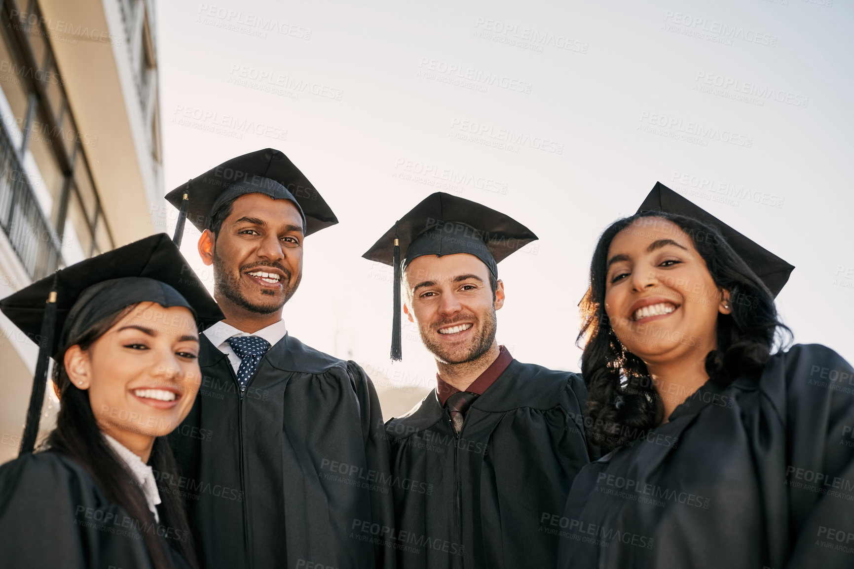 Buy stock photo Portrait, graduate students and selfie of happy friends together for goal achievement or success. Face, people or take photo at graduation for learning, scholarship or group memory at college outdoor