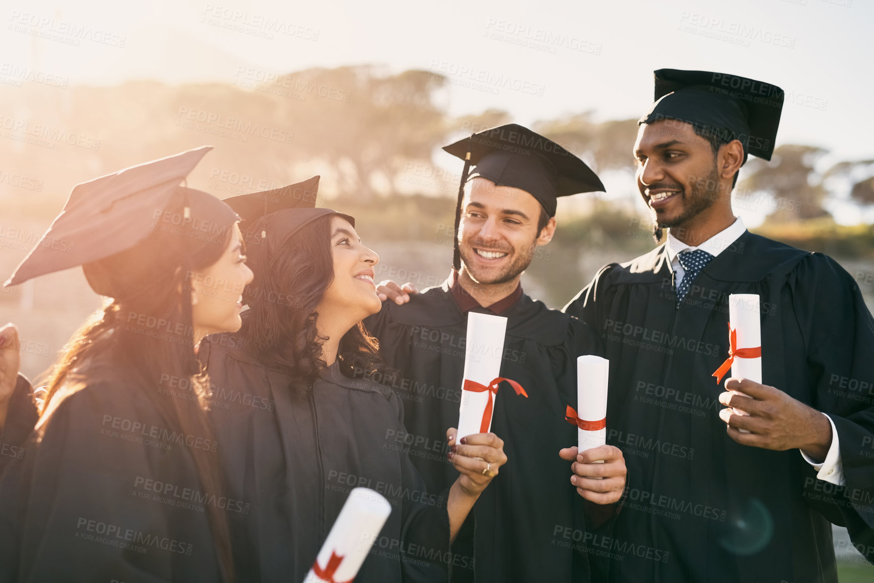 Buy stock photo People, graduation and happy with diploma at university for learning, success and course achievement. Friends, smile and students with certificate at campus for education, knowledge or academic award
