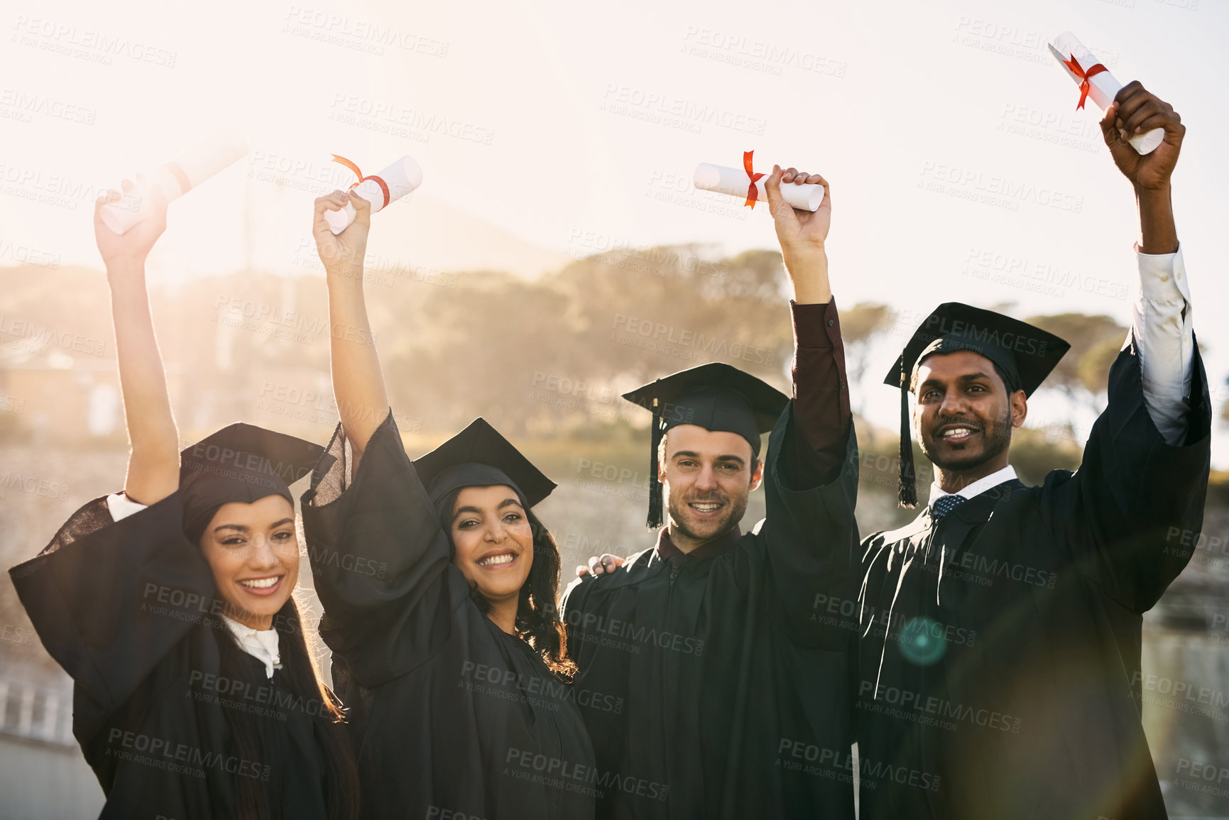 Buy stock photo People, graduation and portrait with diploma in air at university for education, success or achievement. Happy, student and friends with completion of degree for learning, knowledge or academic award