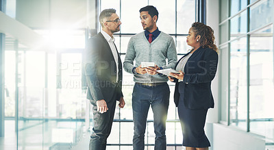 Buy stock photo Business, people or meeting in office with tablet, agenda or planning in city. Mature CEO, employees or tech in building lobby for discussion, schedule or woman assistant with information on calendar