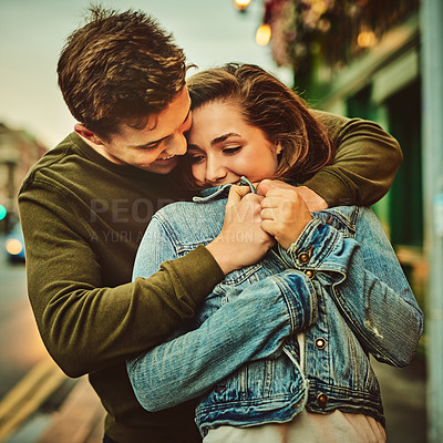 Buy stock photo Couple, care and love in city for vacation, date and relationship together with loyalty, trust and hug. Man, woman and holiday for connection, bonding and romance as partner with travel in London