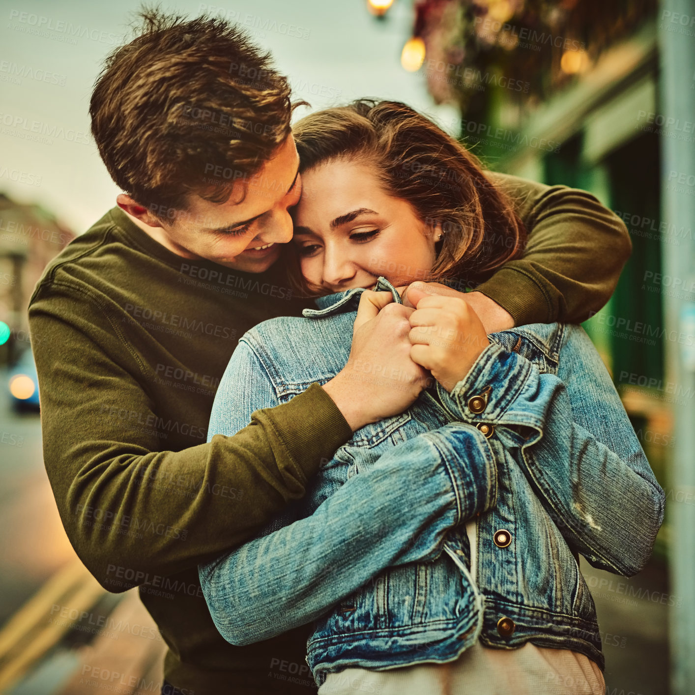 Buy stock photo Couple, care and love in city for vacation, date and relationship together with loyalty, trust and hug. Man, woman and holiday for connection, bonding and romance as partner with travel in London