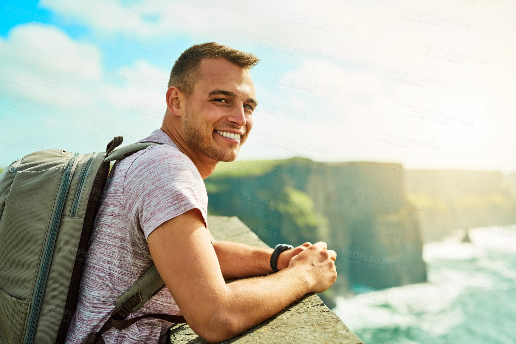 Buy stock photo Shot of a handsome man travelling outdoors