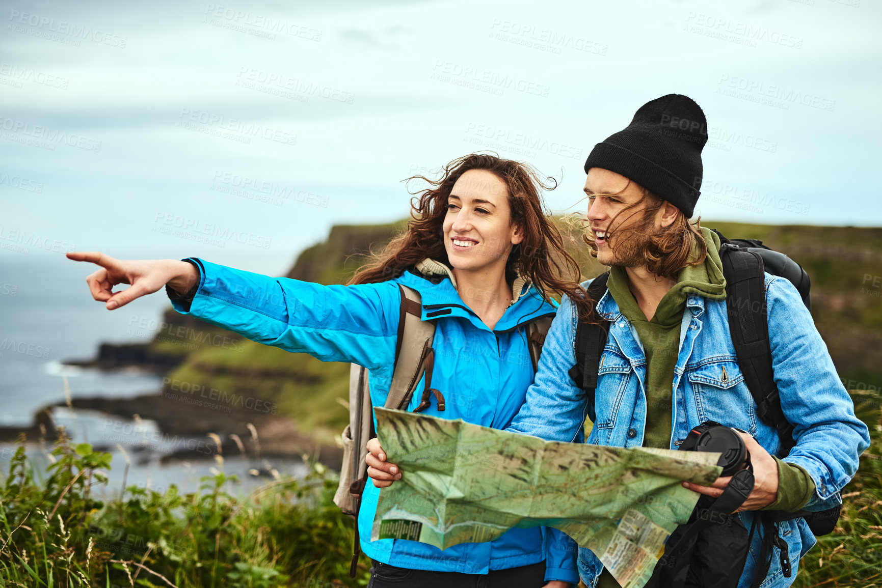 Buy stock photo Couple, hiking and gear with road map, path and nature for travel, adventure and forest. Happy people, journey and countryside for discovery, direction or exploring for recreation, outdoor and sports