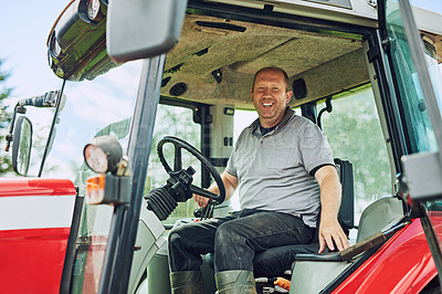 Buy stock photo Farm, tractor and portrait of man driving with equipment for farming, harvest and production. Agriculture, countryside and farmer with machine, vehicle and plow truck for fields, meadow and nature