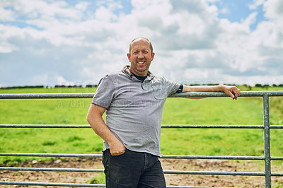 Buy stock photo Agriculture, portrait and smile of man on farm with green field for development, growth or sustainability. Agro, earth and environment with happy mature person in countryside for natural agribusiness