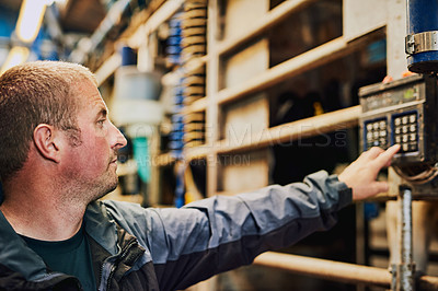 Buy stock photo Man, cows and farmer with machine, industry and livestock for milking, organic produce and natural. Person, entrepreneur and business owner with animals, agriculture and eco friendly in factory