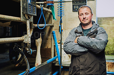 Buy stock photo Portrait, cows and farmer with machine, sustainability and livestock for milking, organic produce or natural. Person, entrepreneur and business owner with animal, agriculture and automated in factory