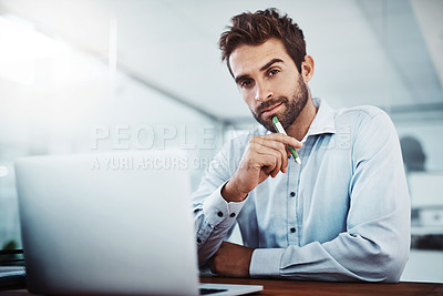 Buy stock photo Laptop, thinking and portrait of businessman with confidence in the office doing research online. Technology, corporate and professional male employee working on project with computer in workplace.