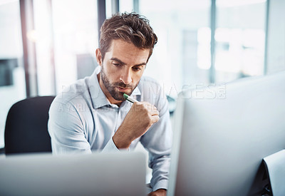 Buy stock photo Thinking, computer or businessman trading in office for stock market, solution or cryptocurrency website. Laptop, idea or financial trader reading news to check economy or investment growth online