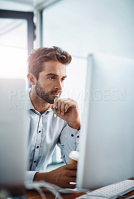 Buy stock photo Thinking, designer and man on computer for digital software, news research and web design programming. Startup, developer and programmer coding in office for cybersecurity network and problem solving