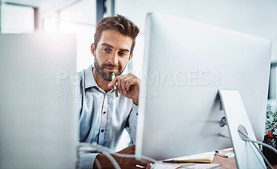 Buy stock photo Thinking, developer and man on computer for software, news research and web design programming. Startup, designer and programmer coding in office for cybersecurity digital network and problem solving
