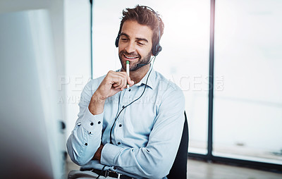 Buy stock photo Thinking, financial advisor or man in telemarketing call center consulting or communication for loan advice. Finance,  contact us or virtual assistant talking on computer online on headset in office