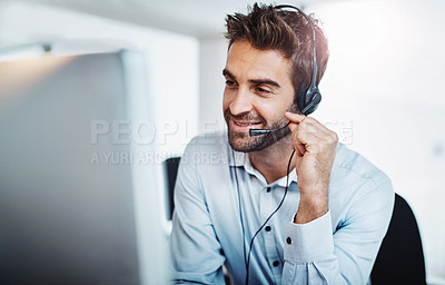 Buy stock photo Telemarketing, customer service and man with communication, call center and service with help. Male person, employee and consultant with headphones, conversation and tech support in the workplace