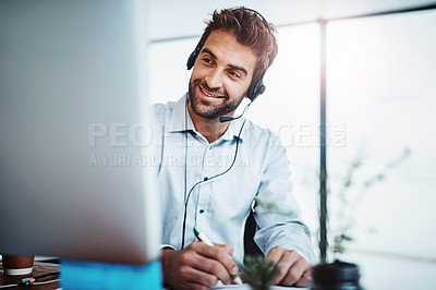 Buy stock photo Writing, financial advisor or man in telemarketing call center consulting or communication for loan advice. Finance notes, conatct or virtual assistant talking on computer online on headset in office