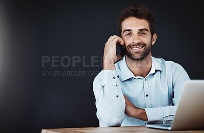 Buy stock photo Man, talking on phone and smile in office for audio conversation, web project and career with email and call. Creative designer and happy with mobile and portrait for connection internet on mockup