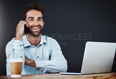 Buy stock photo Talking on phone, man and smile in office for audio conversation, web project and career with email and coffee. Creative designer and happy with mobile and beverage for connection internet on mockup