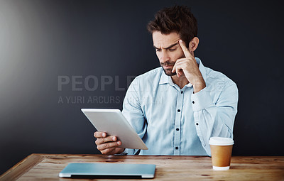 Buy stock photo Tablet, business man and thinking, problem solving or research agent in studio isolated on black background mockup. Serious, idea and professional on tech reading email, stress or inflation challenge