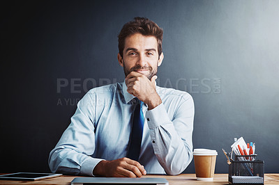 Buy stock photo Businessman, portrait and smile at desk with wall background as insurance broker, confidence or investment. Male person, face and stationery at table with mockup space or about us, startup or loan