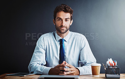 Buy stock photo Portrait, employee and laptop at office desk for work, digital project and trading. Businessman, serious and computer for data update, website strategy and research innovation with coffee for drink