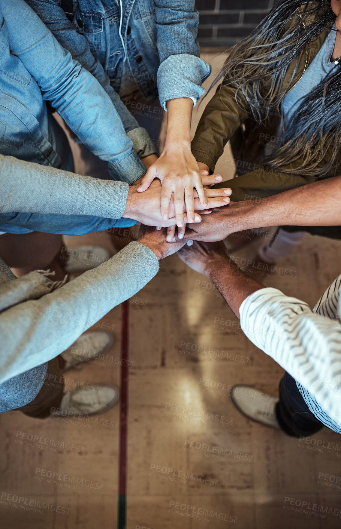 Buy stock photo Above, hands together and group for teamwork, synergy or huddle for university, education or study. People, connection and collaboration with solidarity for assignment, results or project in learning