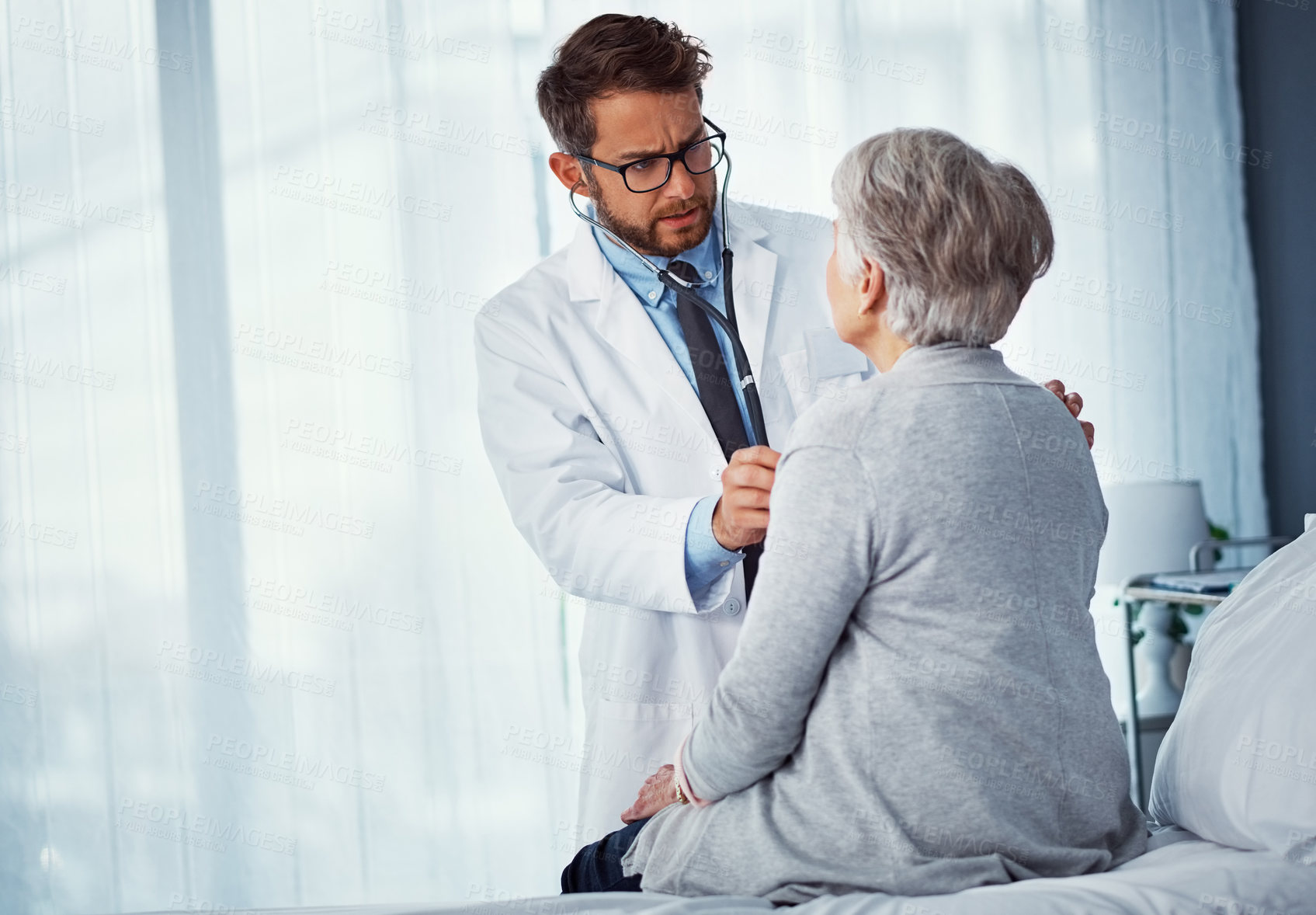 Buy stock photo Old woman, doctor or stethoscope exam in clinic for lung assessment, respiratory concern or checkup. Health stress, professional and senior patient with pulmonary analysis for COPD diagnosis or space