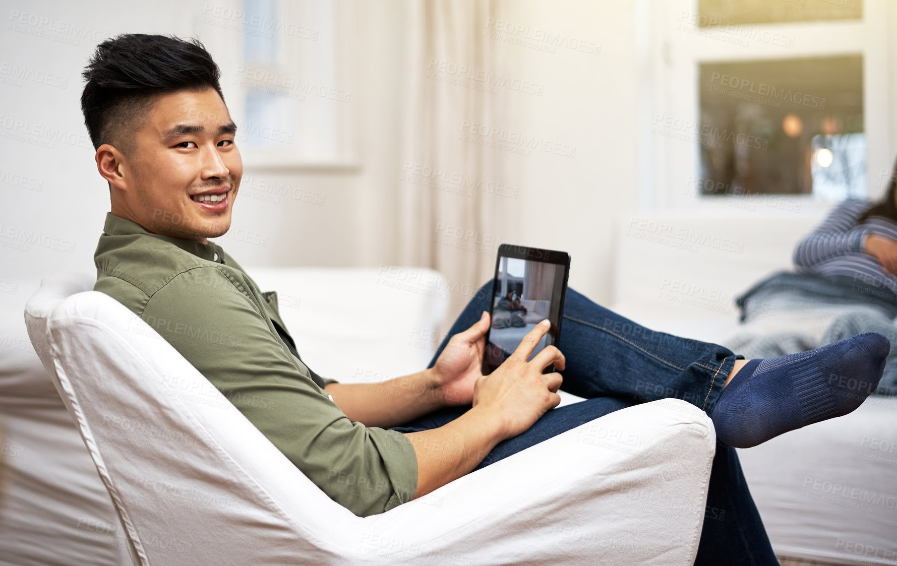 Buy stock photo Man, tablet and photo on sofa with family at home, relax or bonding with screen in living room. People, smile and care with child, tech and app for profile picture, social media or portrait at house