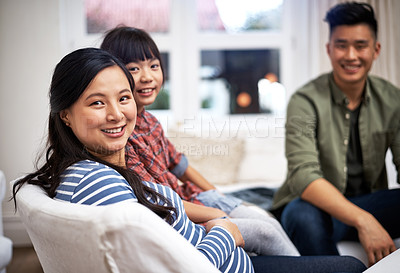 Buy stock photo Portrait of a happy family bonding at home