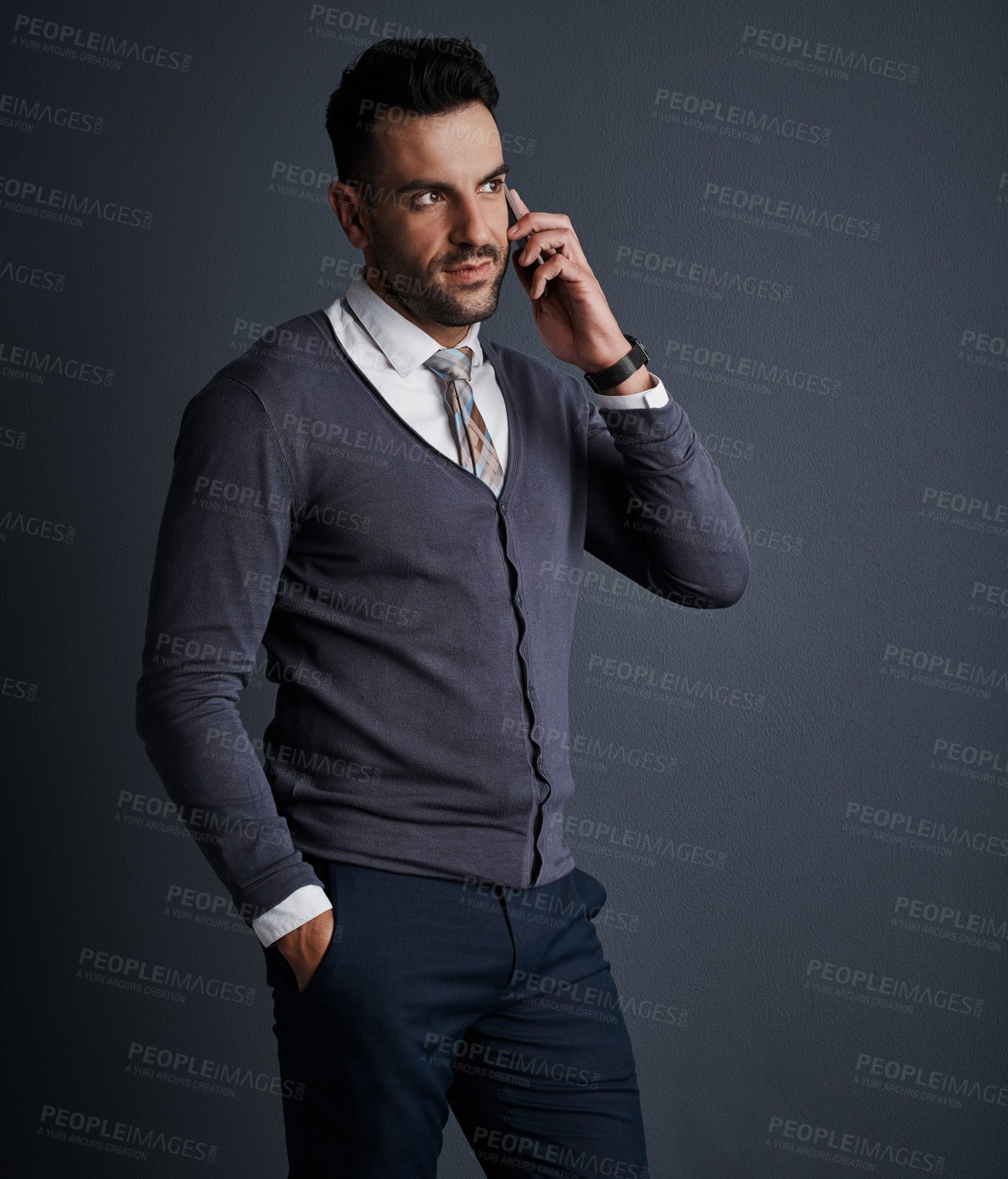 Buy stock photo Listen, business man and phone call in studio for finance offer, connection or networking. Mobile, person and consultant talk with contact for investment, advice and communication on gray background