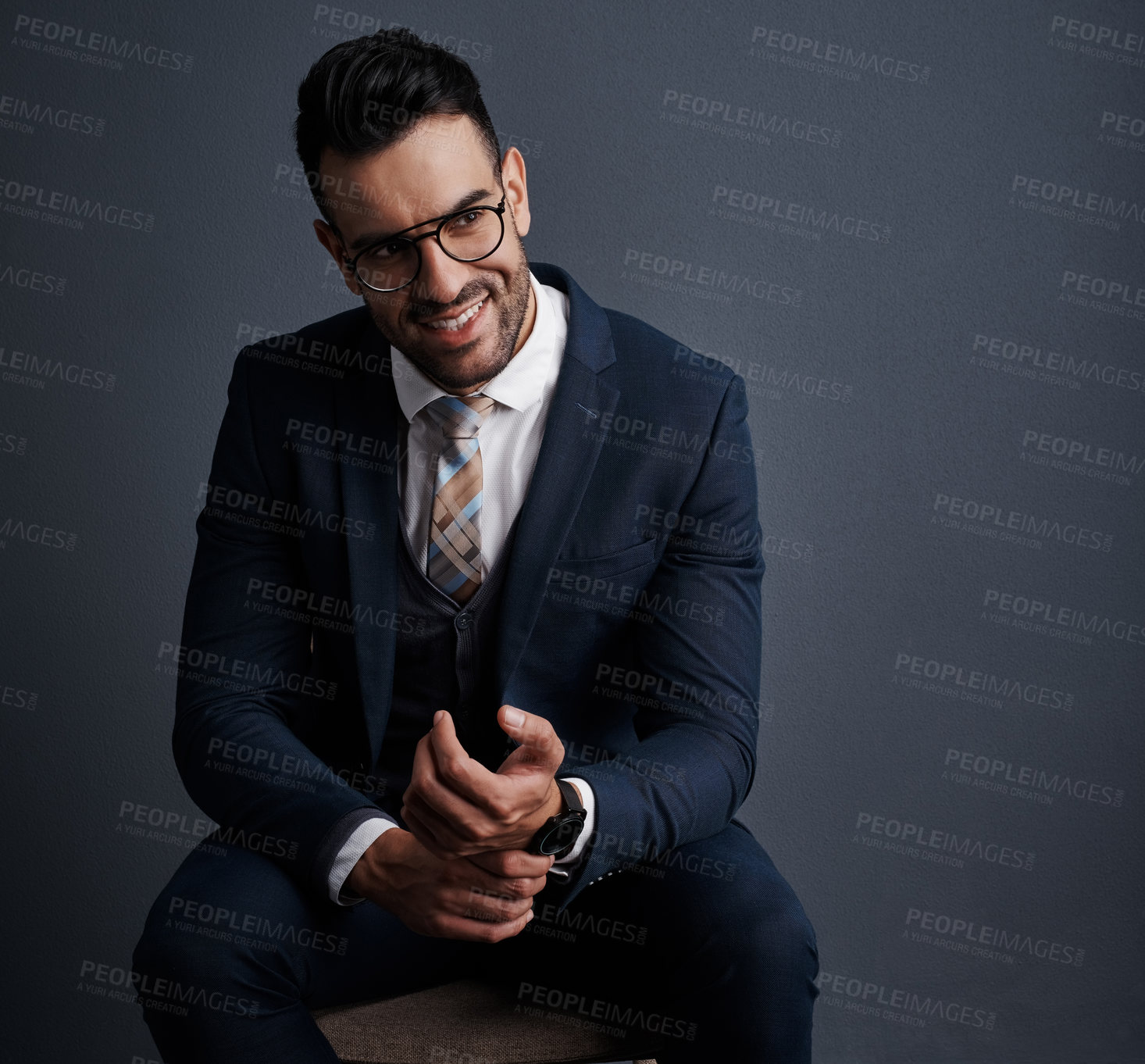 Buy stock photo Glasses, fashion and businessman in studio with suit for corporate outfit with career growth. Happy, space and male entrepreneur with professional style and spectacles for job by gray background.
