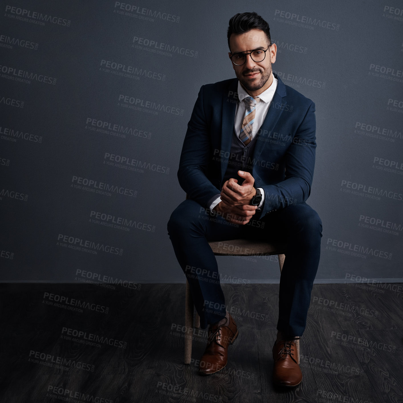 Buy stock photo Portrait, style and businessman in studio with suit for corporate outfit with career growth. Happy, space and male entrepreneur with professional fashion and spectacles for job by gray background.