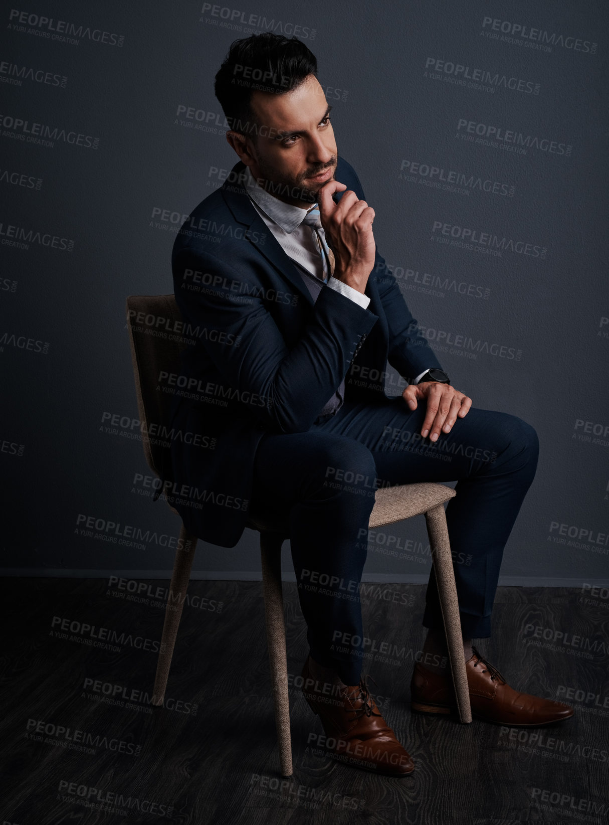 Buy stock photo Businessman, lawyer and thinking in studio, legal consultant and brainstorming idea for court trial. Case management,  defence reflection or attorney planning for justice, advocate or dark background