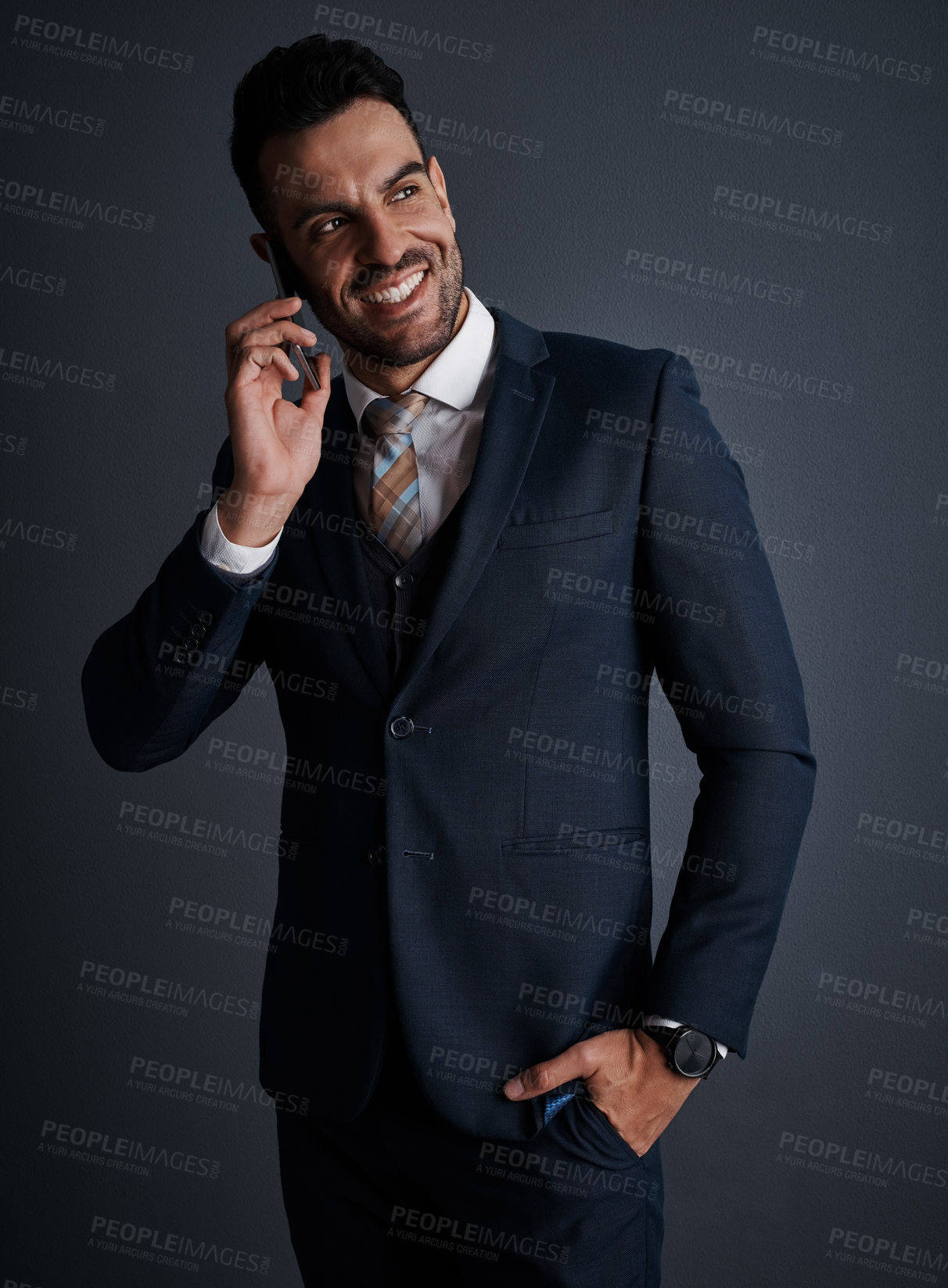Buy stock photo Think, business man and phone call in studio for insurance offer, deal or smile for negotiation. Mobile, communication and broker listening to contact for policy premium, idea and dark background