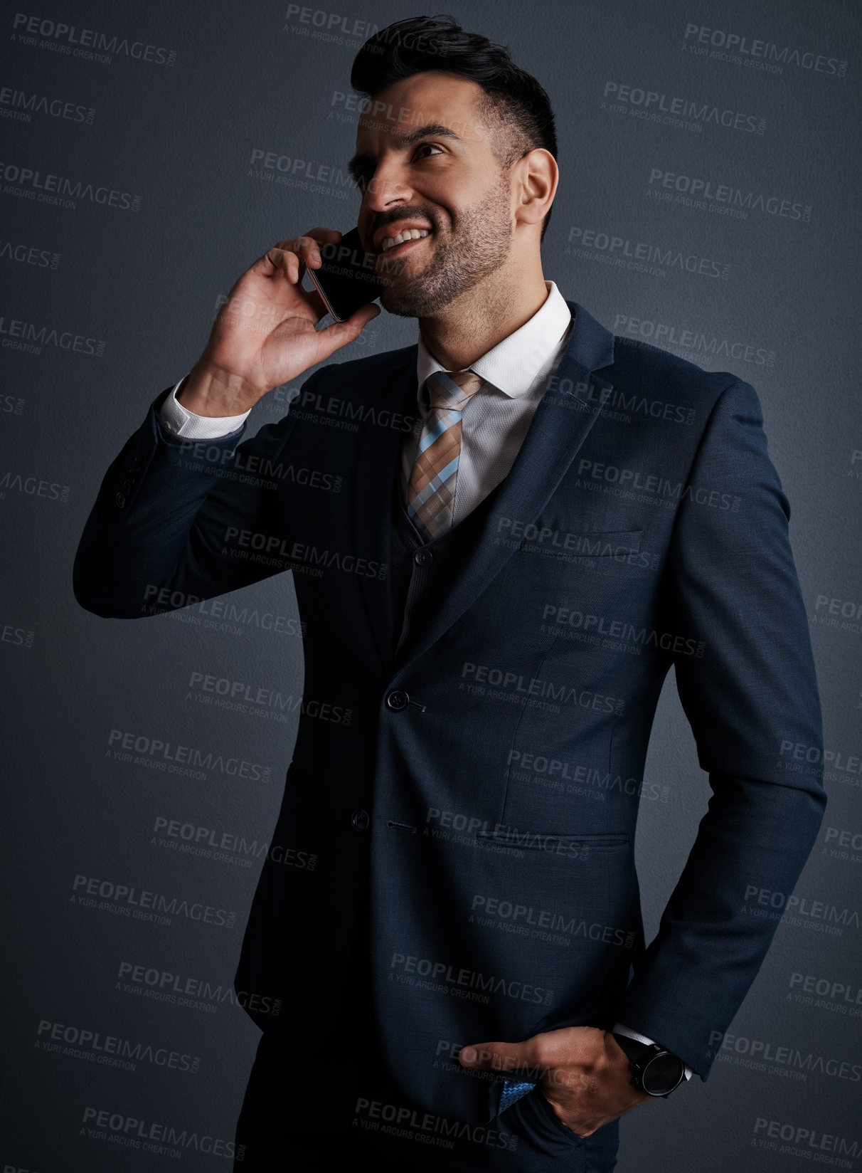 Buy stock photo Happy, business man and phone call in studio for insurance offer, deal or corporate negotiation. Mobile, communication and broker listening to contact for policy premium, advice and dark background