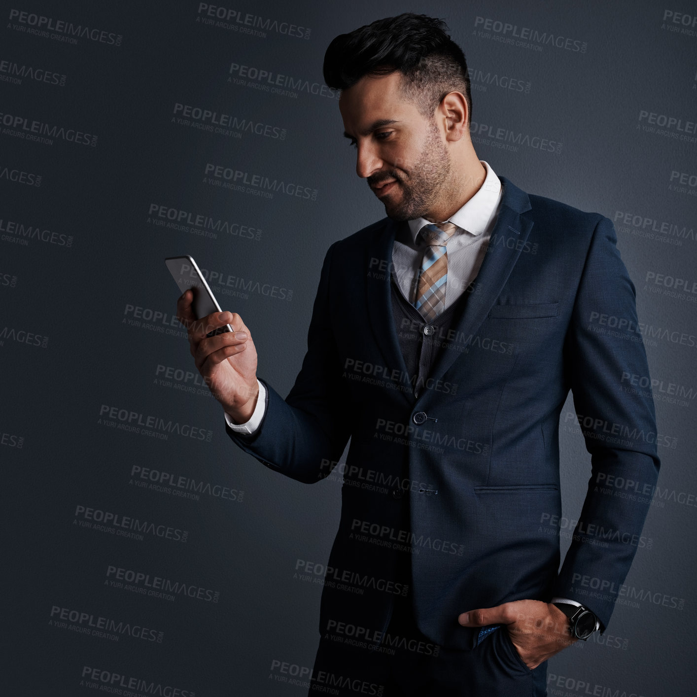 Buy stock photo Reading, chat and businessman with smartphone, studio or networking with contact on social media app. Employee, typing and person with mobile for message on website, gray background and mockup space