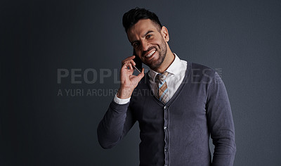 Buy stock photo Phone call, portrait and business man in studio for finance budget, feedback or networking. Mobile, wealth manager and person talk to contact for investment, smile and space on gray background
